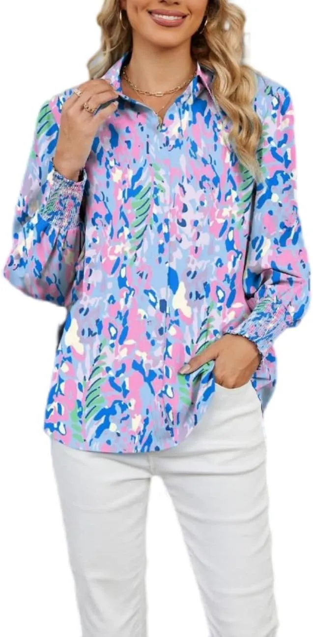 Women's Boho Stylish Blouse, 2025 Autumn and Winter Lapel Long Sleeve Loose Printed Shirts for Women