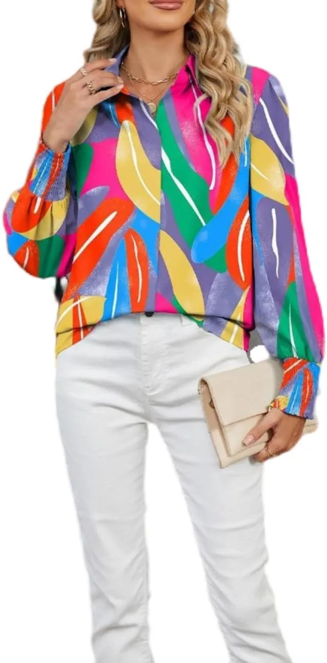 Women's Boho Stylish Blouse, 2025 Autumn and Winter Lapel Long Sleeve Loose Printed Shirts for Women