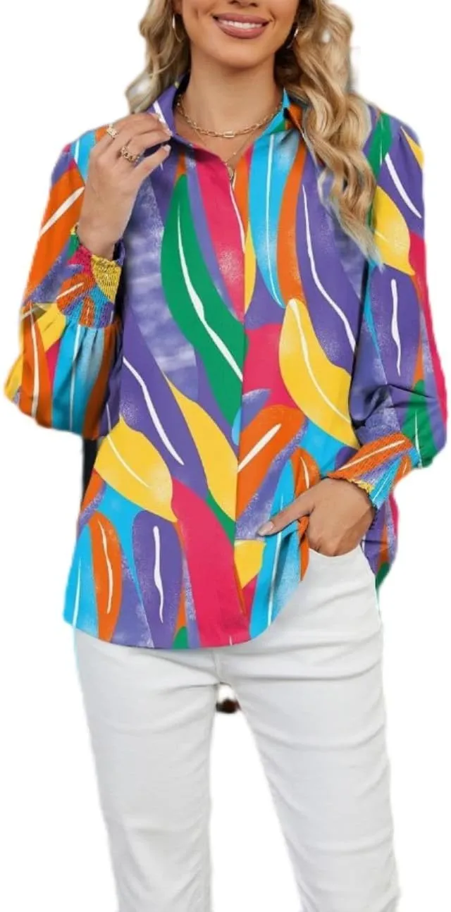 Women's Boho Stylish Blouse, 2025 Autumn and Winter Lapel Long Sleeve Loose Printed Shirts for Women