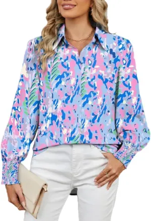 Women's Boho Stylish Blouse, 2025 Autumn and Winter Lapel Long Sleeve Loose Printed Shirts for Women
