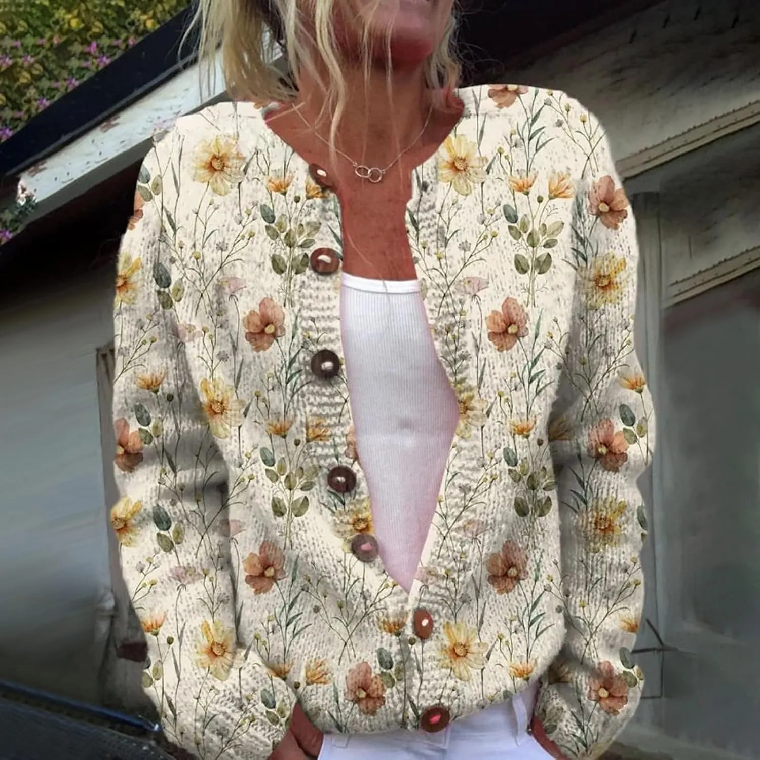 Womens Button Down Cardigan Sweaters Floral Print Open Front Knitted Cardigans Casual Long Sleeve Jumper Fall Coats