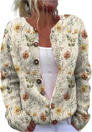 Womens Button Down Cardigan Sweaters Floral Print Open Front Knitted Cardigans Casual Long Sleeve Jumper Fall Coats