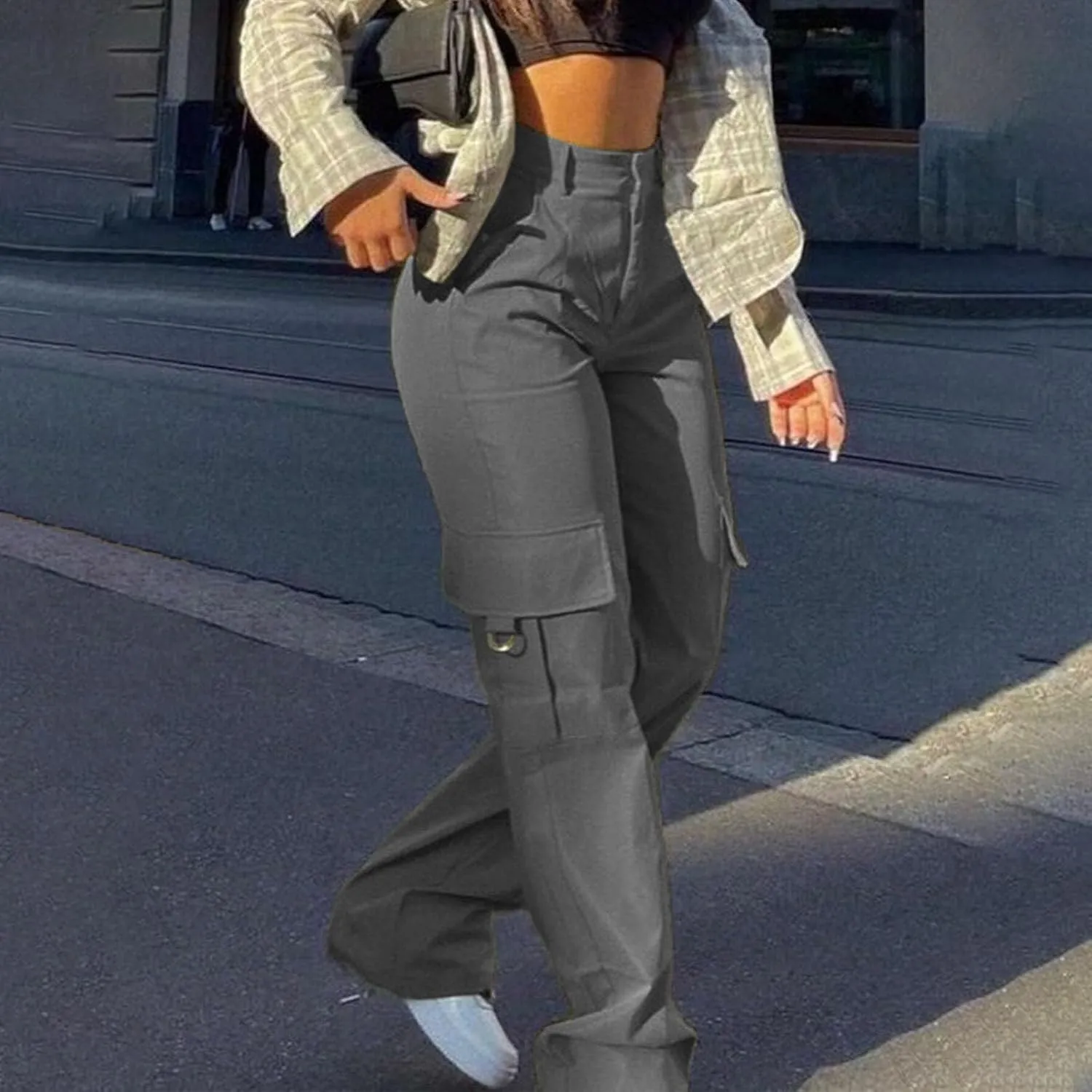 Womens Cargo Pants with Pockets Casual Fleece Baggy Sweatpants High Waisted Joggers Leggings for Women