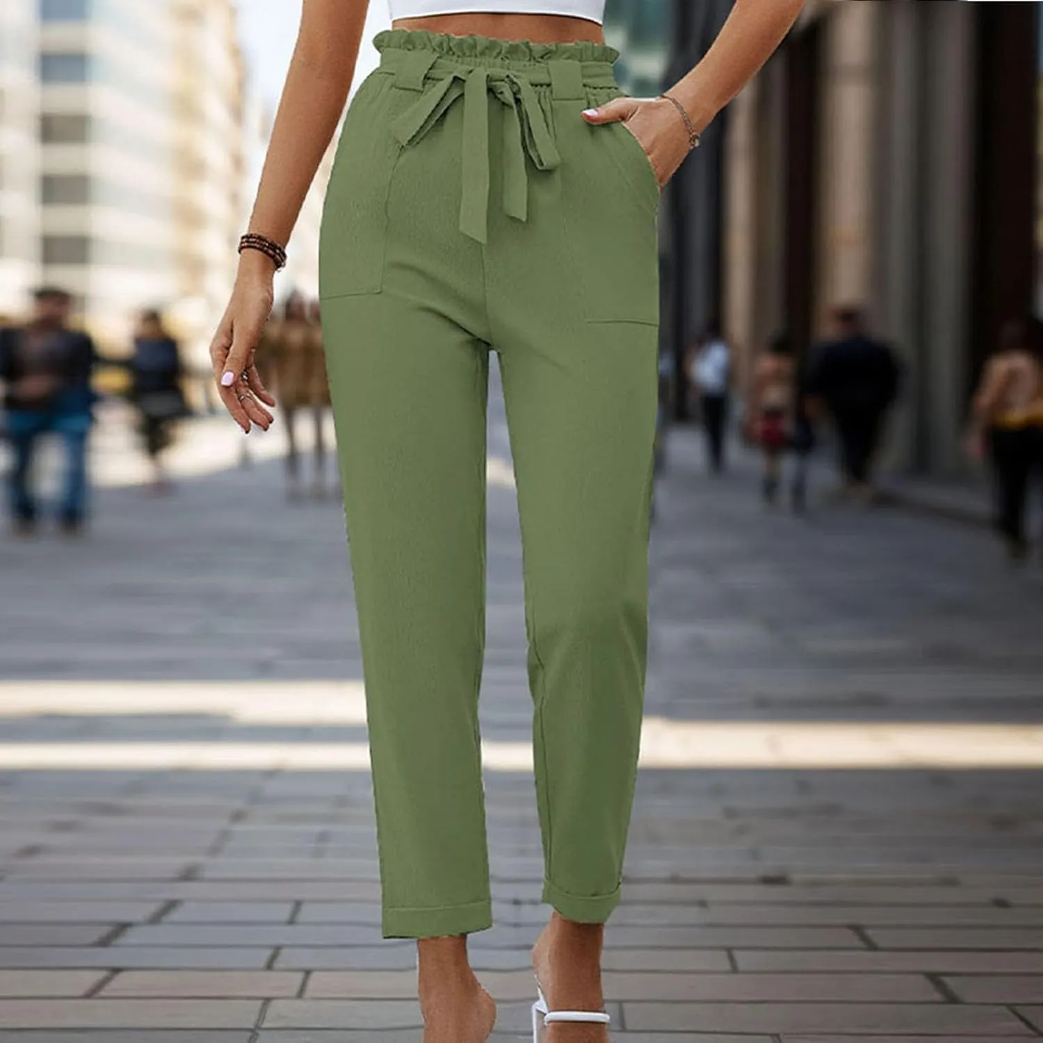 Womens Casual Solid Color Pants Fashion High Waist Straight Leg Lounge Pants Comfy Drawstring Trousers with Pocket