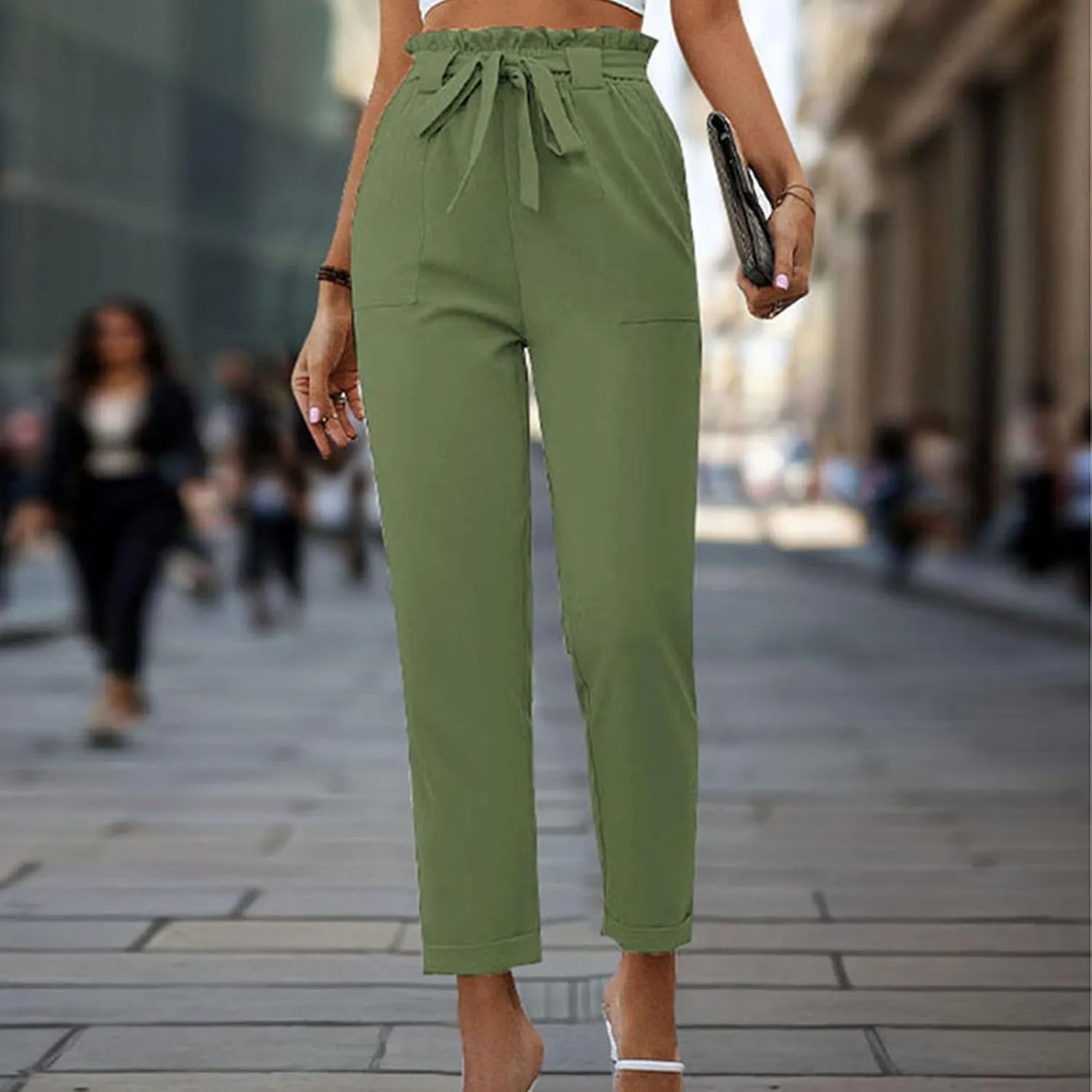 Womens Casual Solid Color Pants Fashion High Waist Straight Leg Lounge Pants Comfy Drawstring Trousers with Pocket