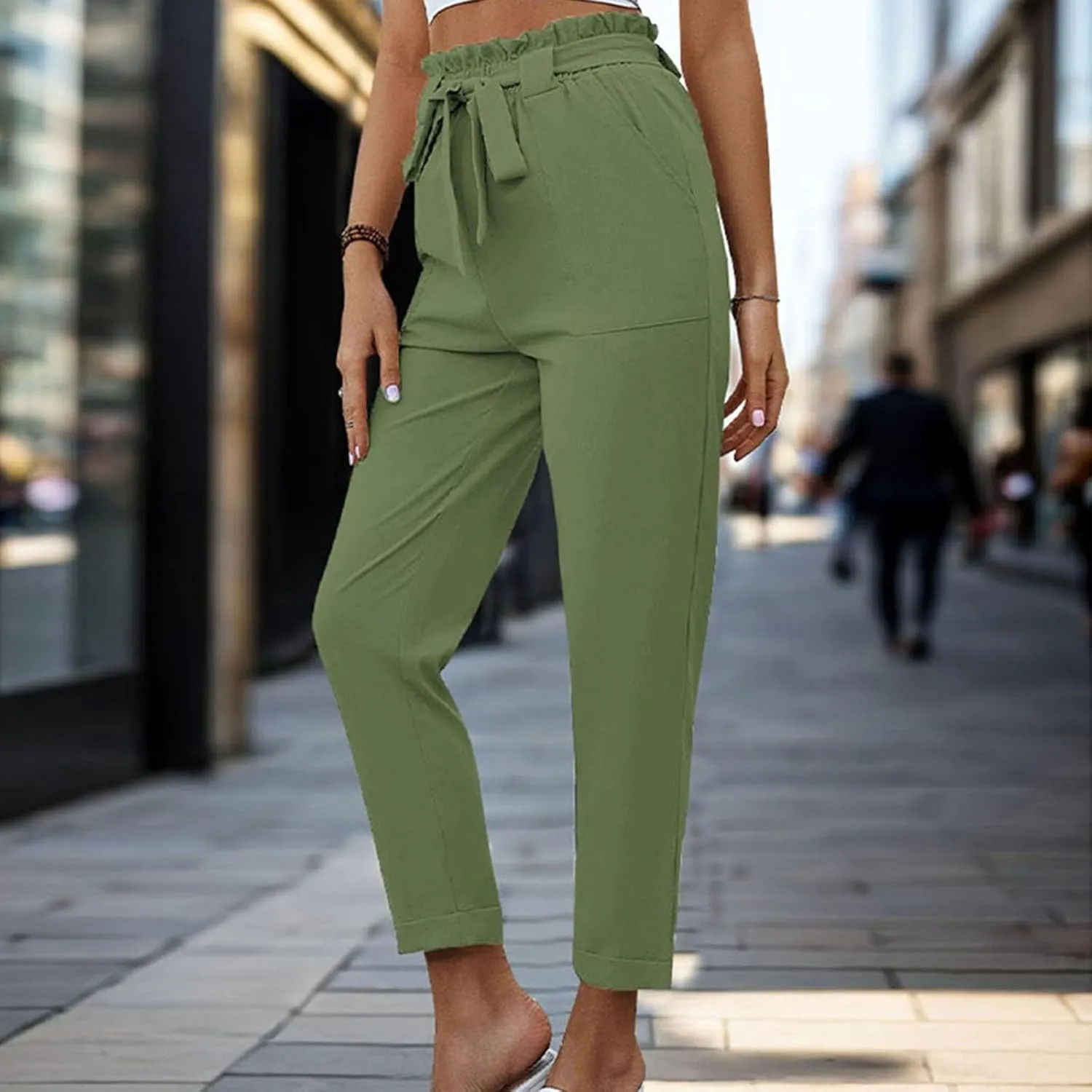 Womens Casual Solid Color Pants Fashion High Waist Straight Leg Lounge Pants Comfy Drawstring Trousers with Pocket