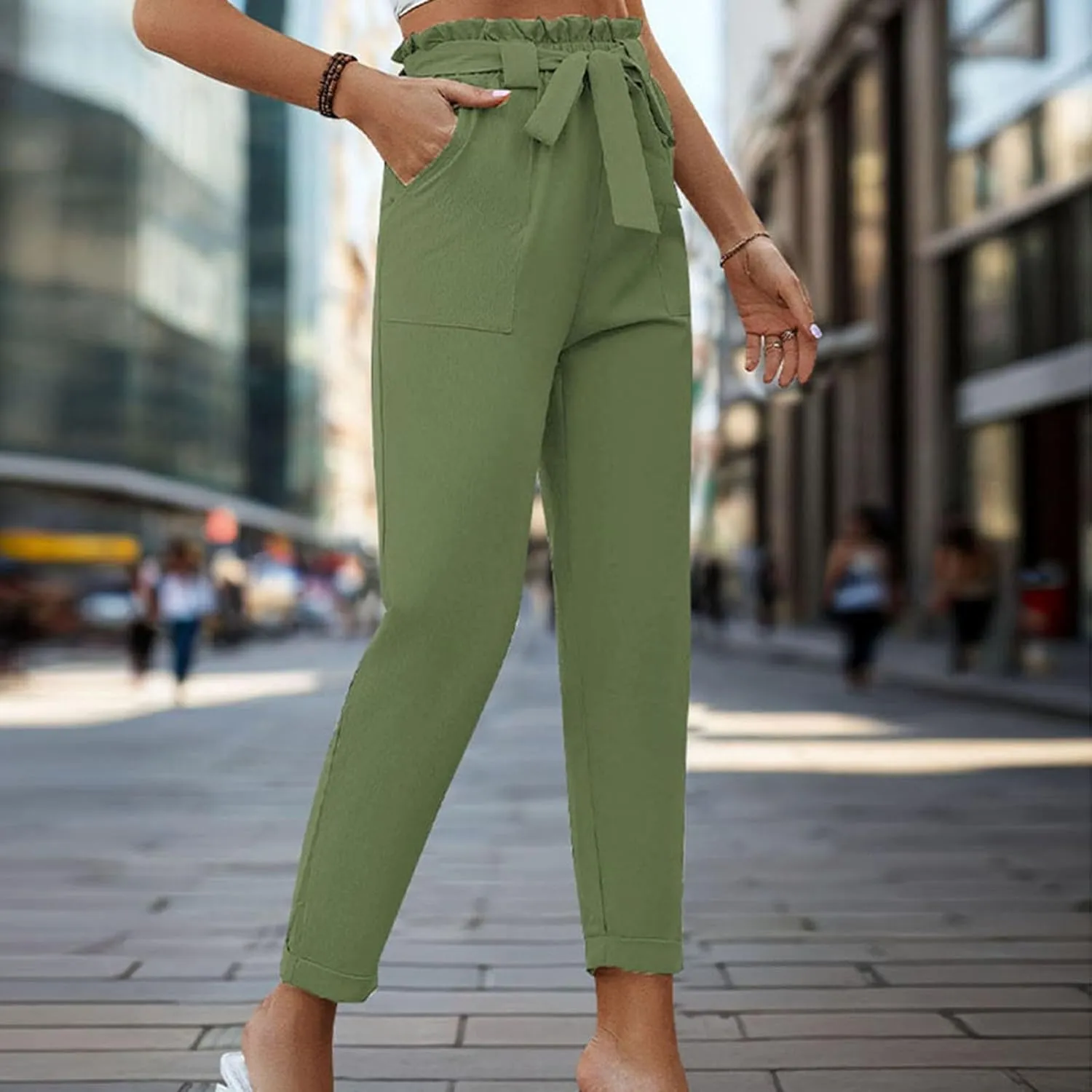 Womens Casual Solid Color Pants Fashion High Waist Straight Leg Lounge Pants Comfy Drawstring Trousers with Pocket