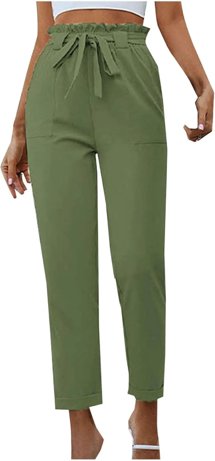 Womens Casual Solid Color Pants Fashion High Waist Straight Leg Lounge Pants Comfy Drawstring Trousers with Pocket