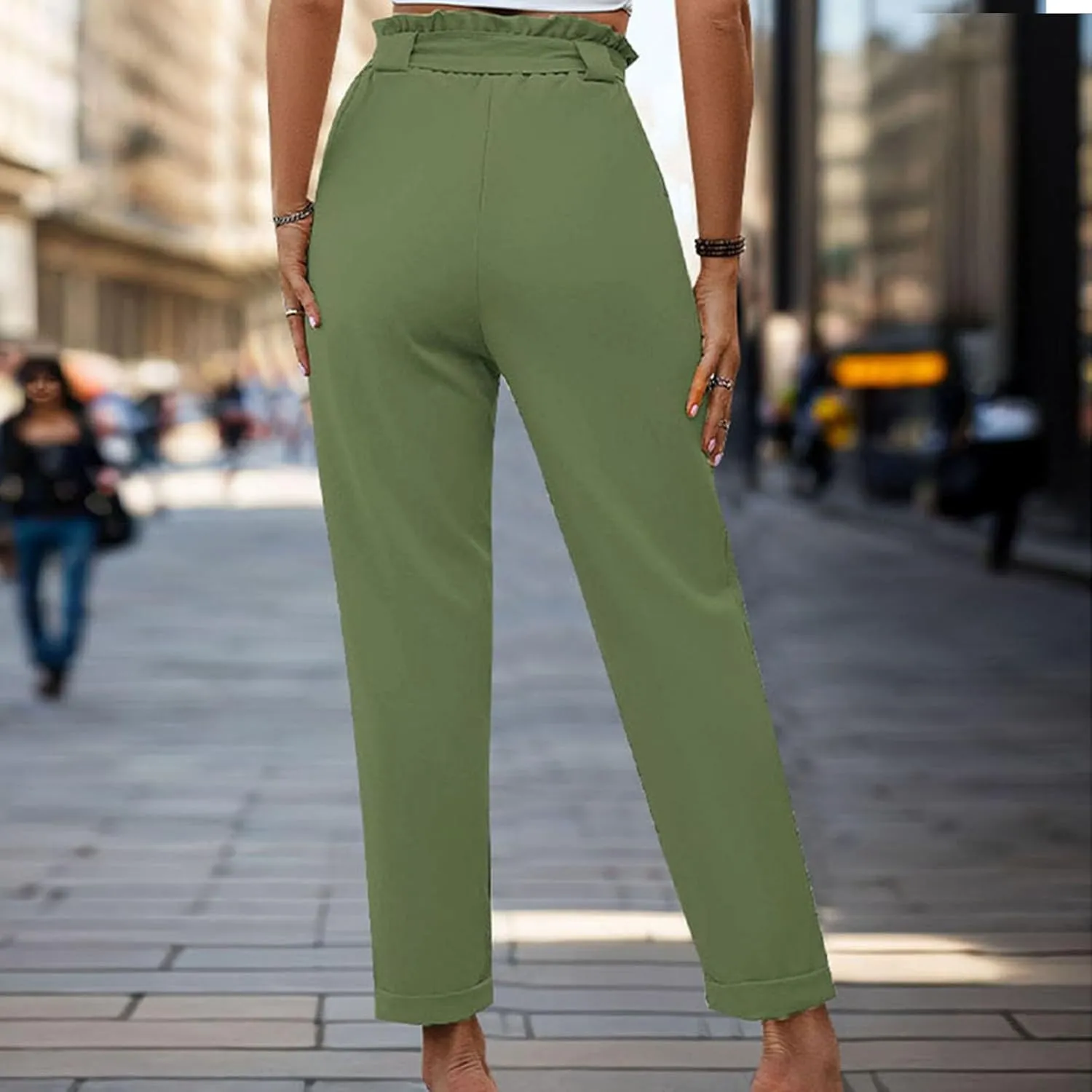 Womens Casual Solid Color Pants Fashion High Waist Straight Leg Lounge Pants Comfy Drawstring Trousers with Pocket