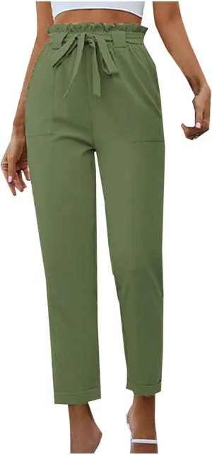 Womens Casual Solid Color Pants Fashion High Waist Straight Leg Lounge Pants Comfy Drawstring Trousers with Pocket