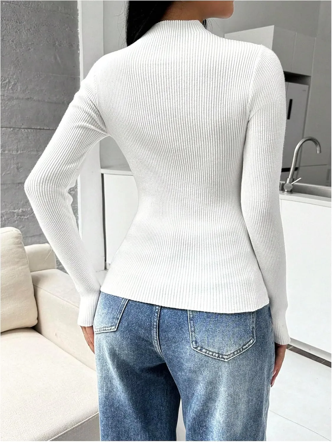 Women's Color Block Mock Neck Sweaters Ribbed Knit Long Sleeve Slim Fit Pullover Tops