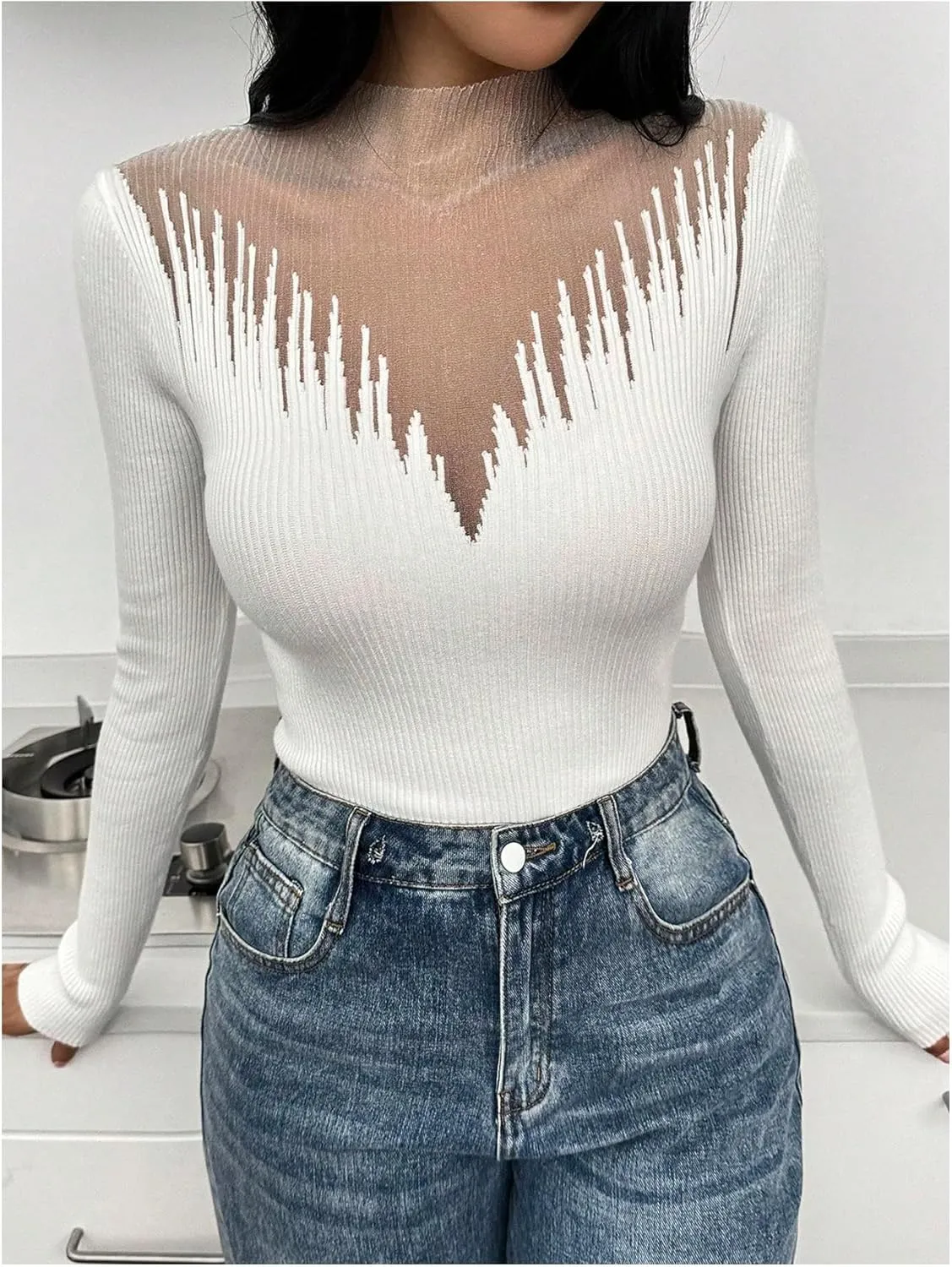 Women's Color Block Mock Neck Sweaters Ribbed Knit Long Sleeve Slim Fit Pullover Tops