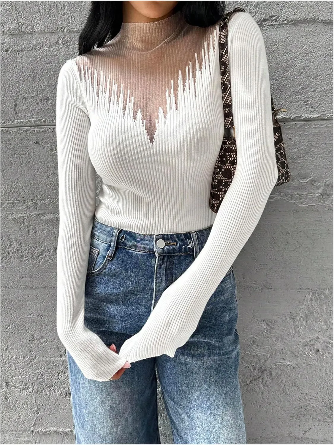Women's Color Block Mock Neck Sweaters Ribbed Knit Long Sleeve Slim Fit Pullover Tops