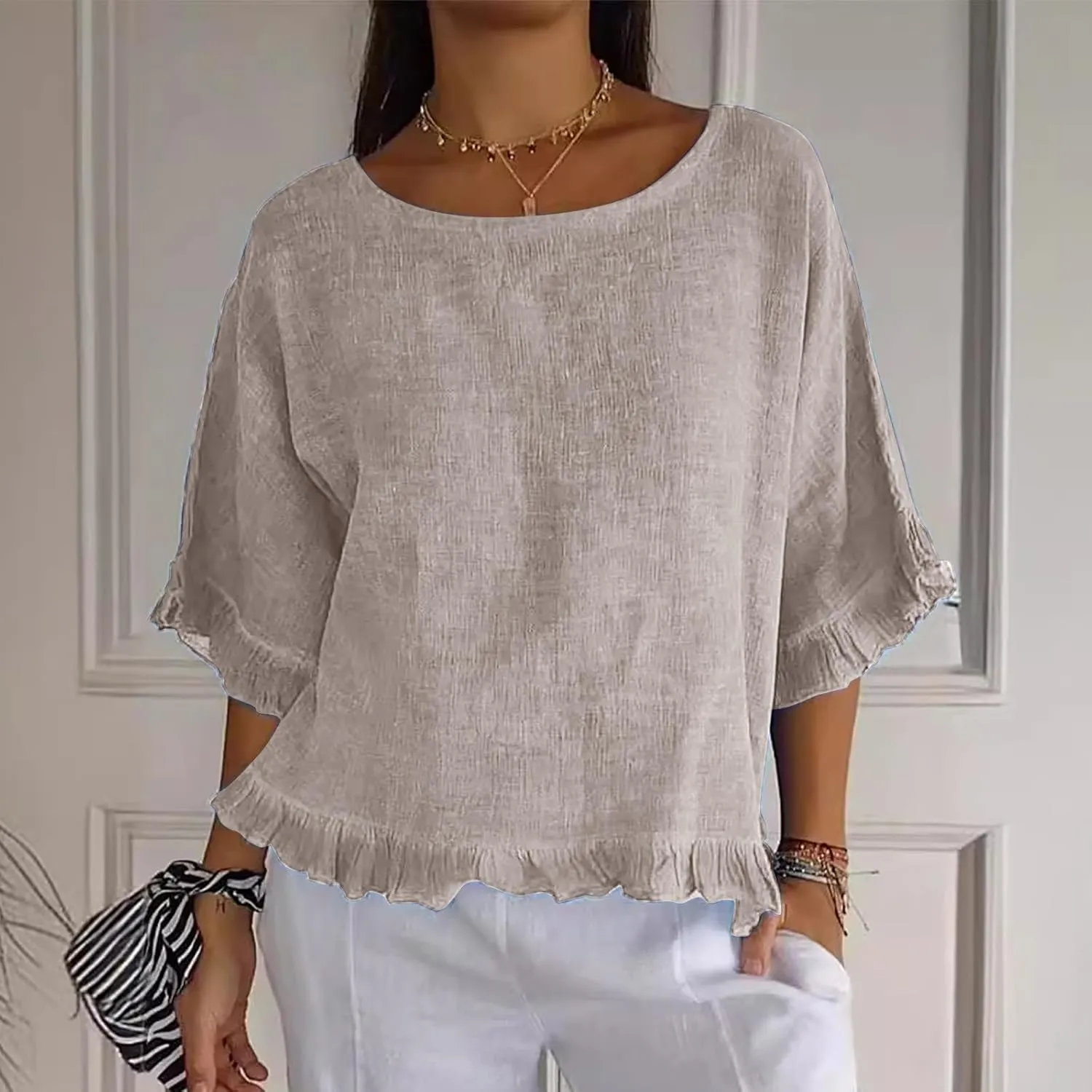 Women's Cotton Linen Blouse Ruffle Pleated Hem Tops Loose Casual Half Sleeve Round Neck Basic Tee Shirts