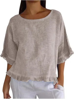 Women's Cotton Linen Blouse Ruffle Pleated Hem Tops Loose Casual Half Sleeve Round Neck Basic Tee Shirts