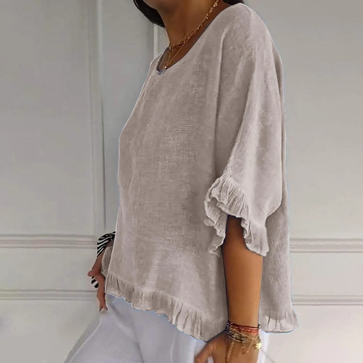 Women's Cotton Linen Blouse Ruffle Pleated Hem Tops Loose Casual Half Sleeve Round Neck Basic Tee Shirts