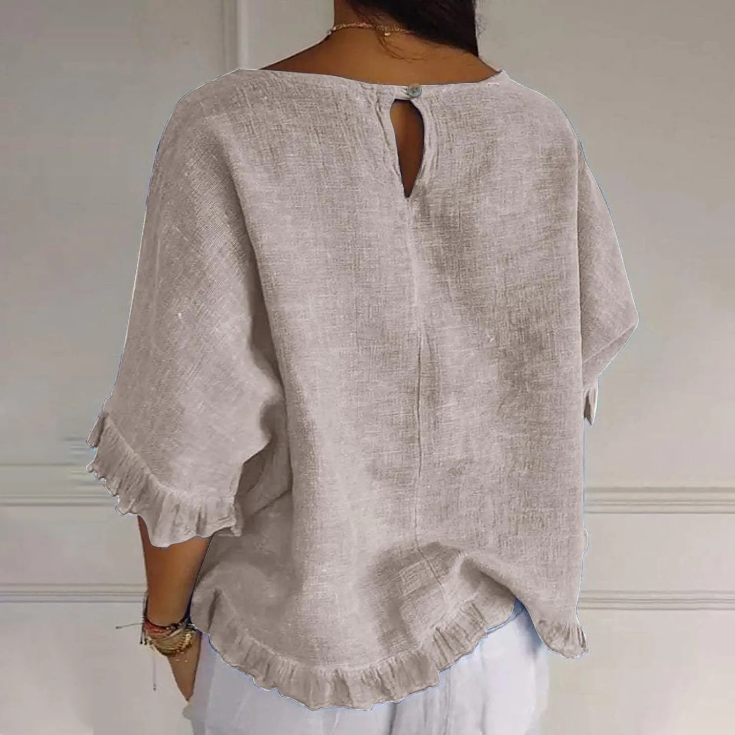 Women's Cotton Linen Blouse Ruffle Pleated Hem Tops Loose Casual Half Sleeve Round Neck Basic Tee Shirts