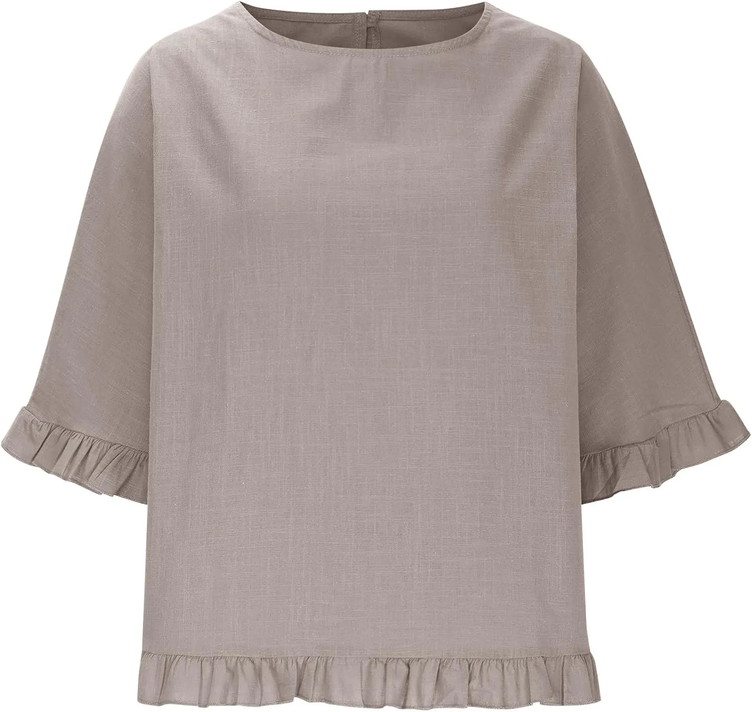 Women's Cotton Linen Blouse Ruffle Pleated Hem Tops Loose Casual Half Sleeve Round Neck Basic Tee Shirts