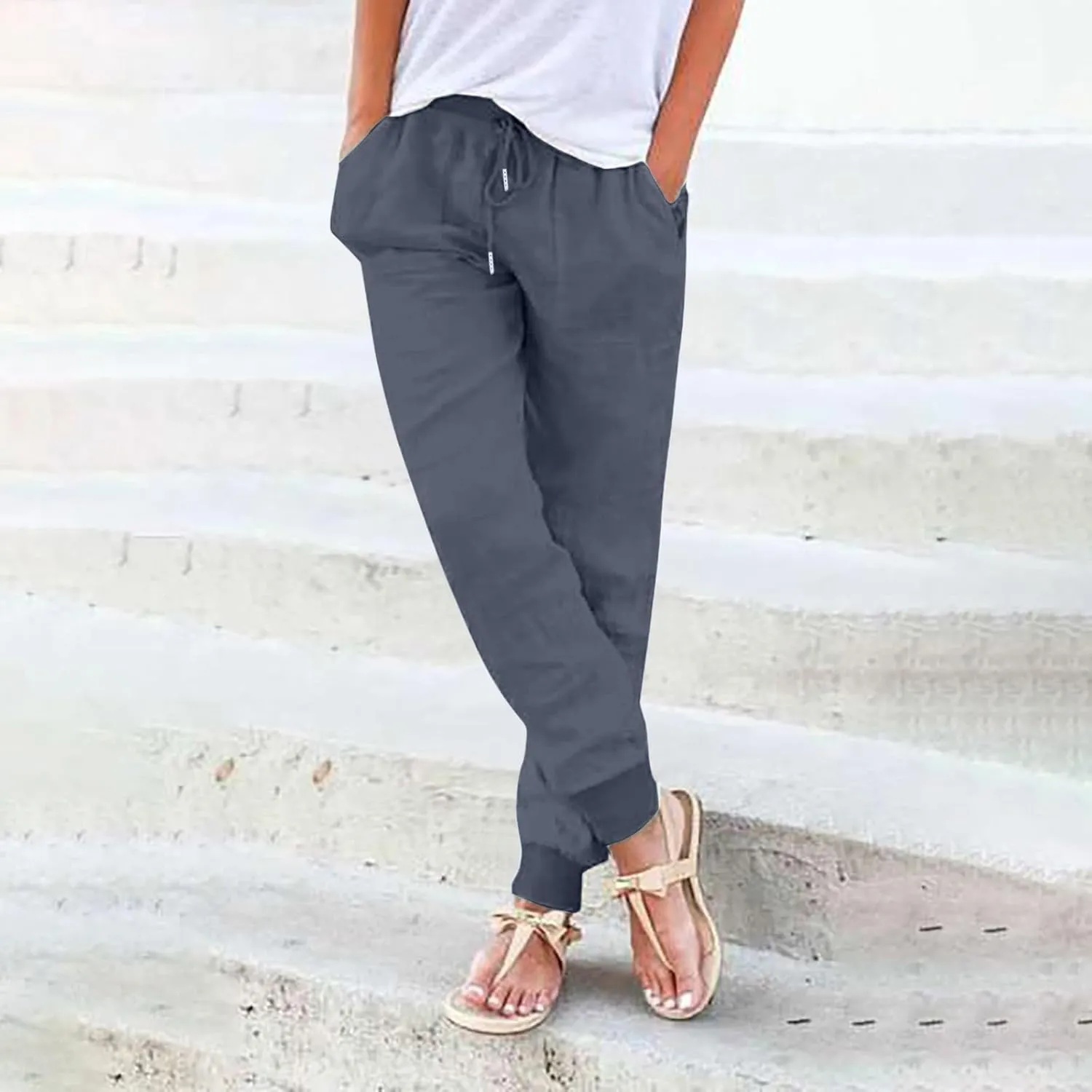 Womens Cotton Linen Tapered Pants Summer Comfy Loose Fit Drawstring Elastic Waist Pants Casual Trousers with Pockets