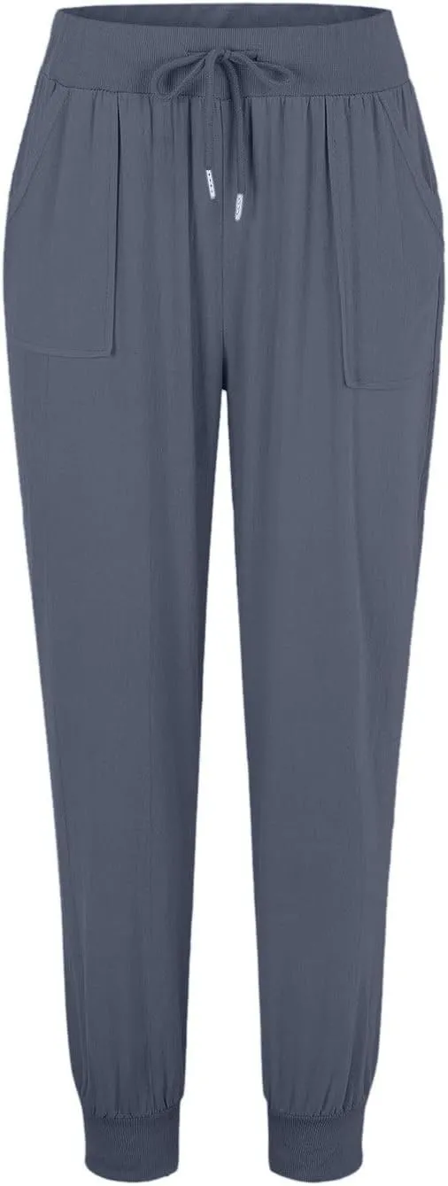 Womens Cotton Linen Tapered Pants Summer Comfy Loose Fit Drawstring Elastic Waist Pants Casual Trousers with Pockets