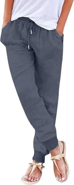 Womens Cotton Linen Tapered Pants Summer Comfy Loose Fit Drawstring Elastic Waist Pants Casual Trousers with Pockets
