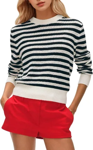 Women's Fall Winter Long Sleeve Striped Sweater Casual Crew Neck Color Block Pullover Knit Tops
