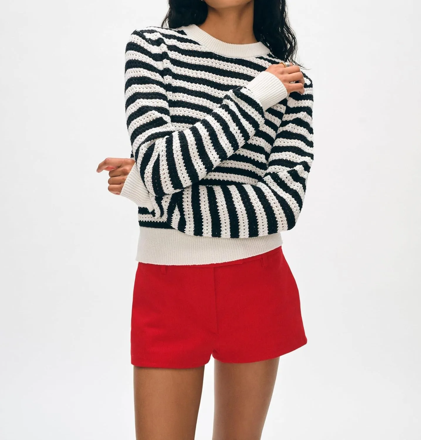 Women's Fall Winter Long Sleeve Striped Sweater Casual Crew Neck Color Block Pullover Knit Tops