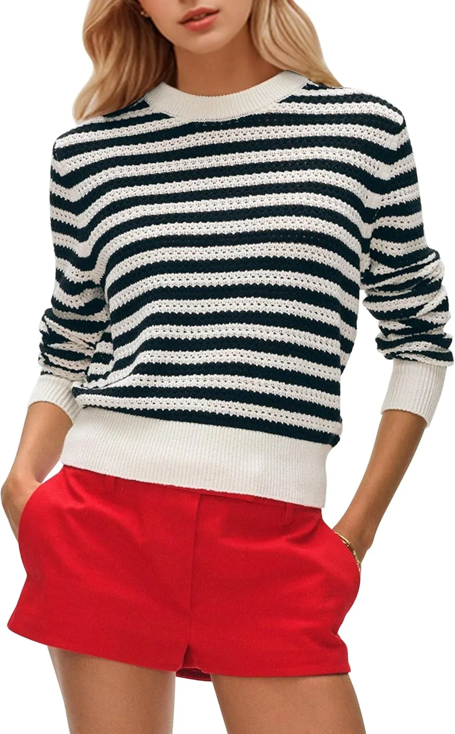 Women's Fall Winter Long Sleeve Striped Sweater Casual Crew Neck Color Block Pullover Knit Tops