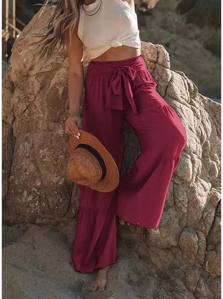 Womens Fashion High Waist Pleated Wide-Leg Pants Casual Loose Flare Palazzo Pant Beach Bell Bottom Lounge Trouser