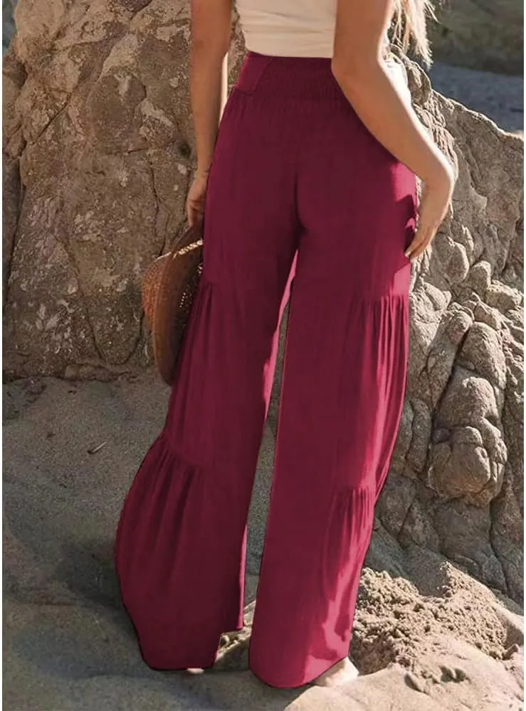 Womens Fashion High Waist Pleated Wide-Leg Pants Casual Loose Flare Palazzo Pant Beach Bell Bottom Lounge Trouser