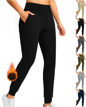 Womens Fleece Lined Joggers High Waisted Slim Fit Winter Warm Sweatpants Drawstring Yoga Hiking Pants with Pockets