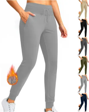 Womens Fleece Lined Joggers High Waisted Slim Fit Winter Warm Sweatpants Drawstring Yoga Hiking Pants with Pockets
