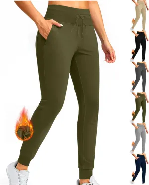 Womens Fleece Lined Joggers High Waisted Slim Fit Winter Warm Sweatpants Drawstring Yoga Hiking Pants with Pockets