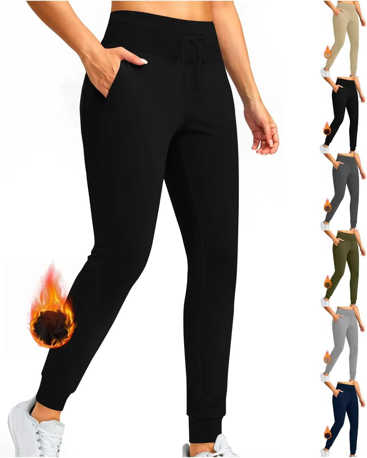 Womens Fleece Lined Joggers High Waisted Slim Fit Winter Warm Sweatpants Drawstring Yoga Hiking Pants with Pockets