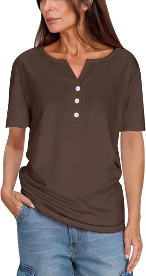 Womens Henley Tops Short Sleeve T-Shirts Button V-Neck Pullover Dressy Casual Blouse Basic Solid Color Tunic Shirt
