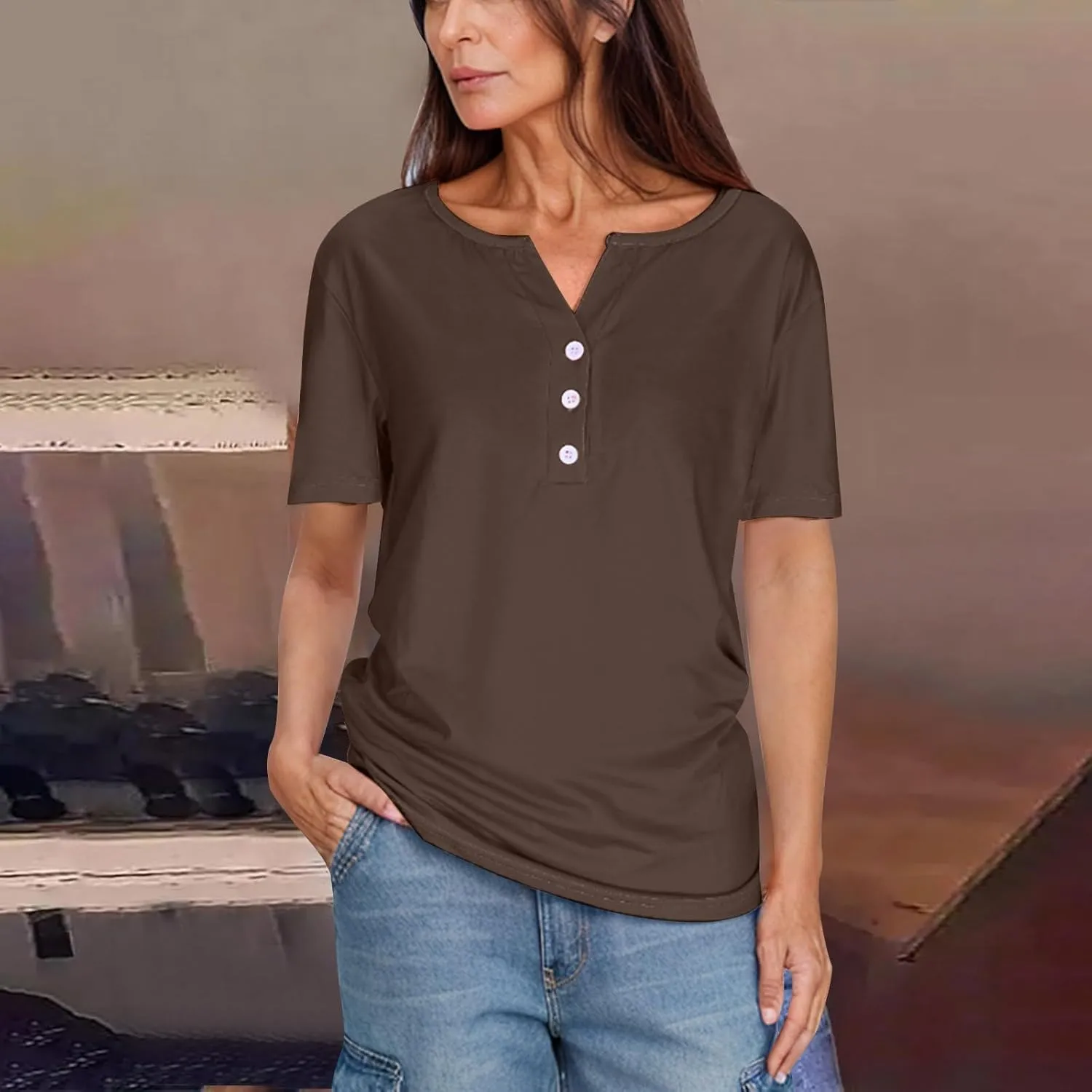 Womens Henley Tops Short Sleeve T-Shirts Button V-Neck Pullover Dressy Casual Blouse Basic Solid Color Tunic Shirt