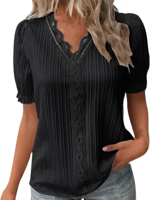 Womens Lace V Neck Shirts Fashion Plain Elegant Short Sleeve Blouses Soft Casual Workout T-Shirts Fall 2024 Trendy Tops