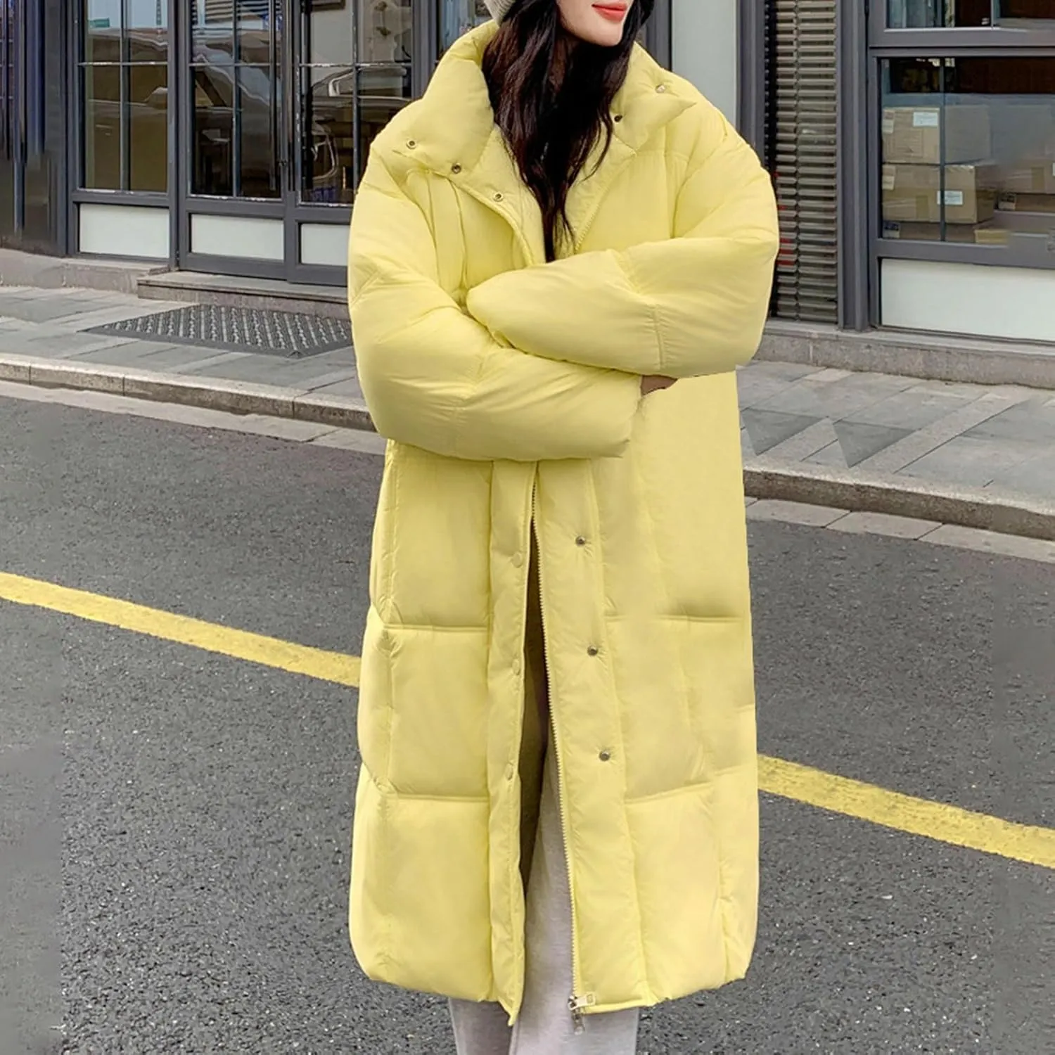 Womens Lightweight Quilted Jackets Long Puffer Down Jacket with Pockets Thickened Warm Quilted Winter Coat Outerwear