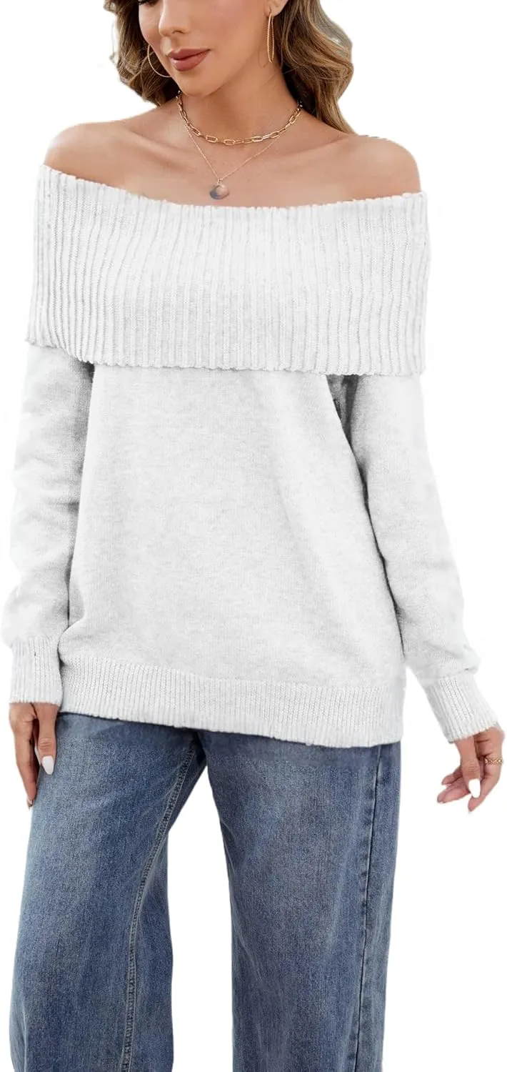 Women's Off-Shoulder Long Sleeve Sweater Cozy Fall & Winter Pullover Casual Knit Top