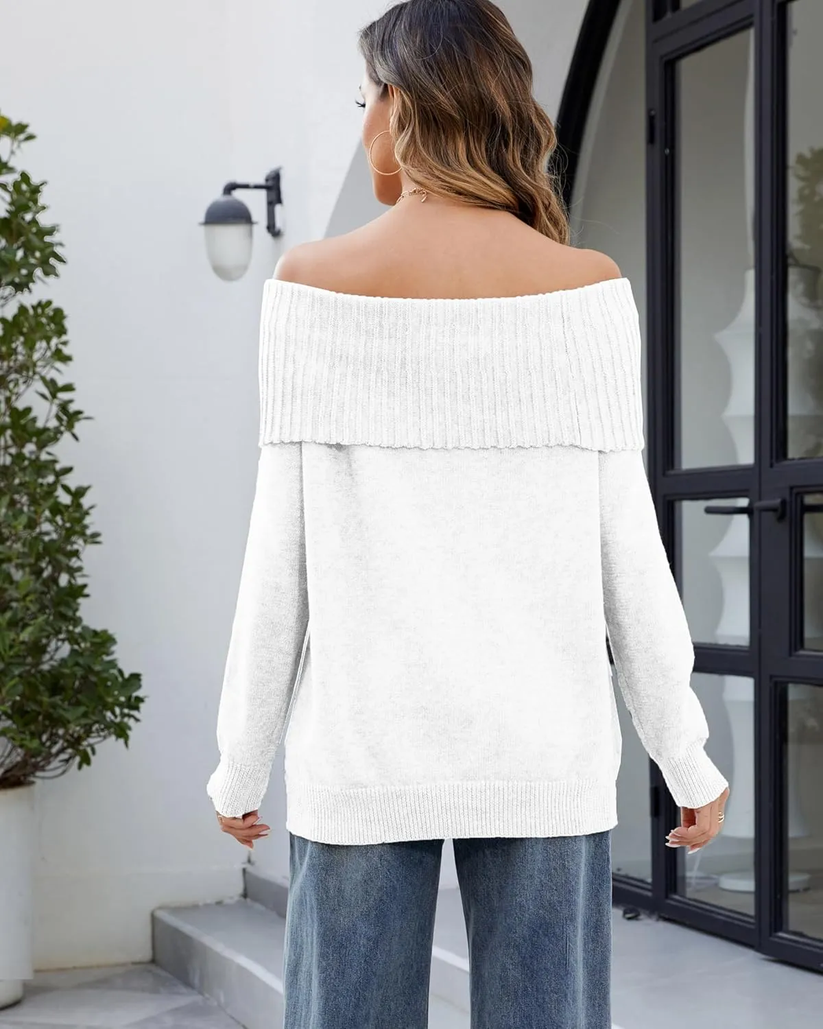 Women's Off-Shoulder Long Sleeve Sweater Cozy Fall & Winter Pullover Casual Knit Top