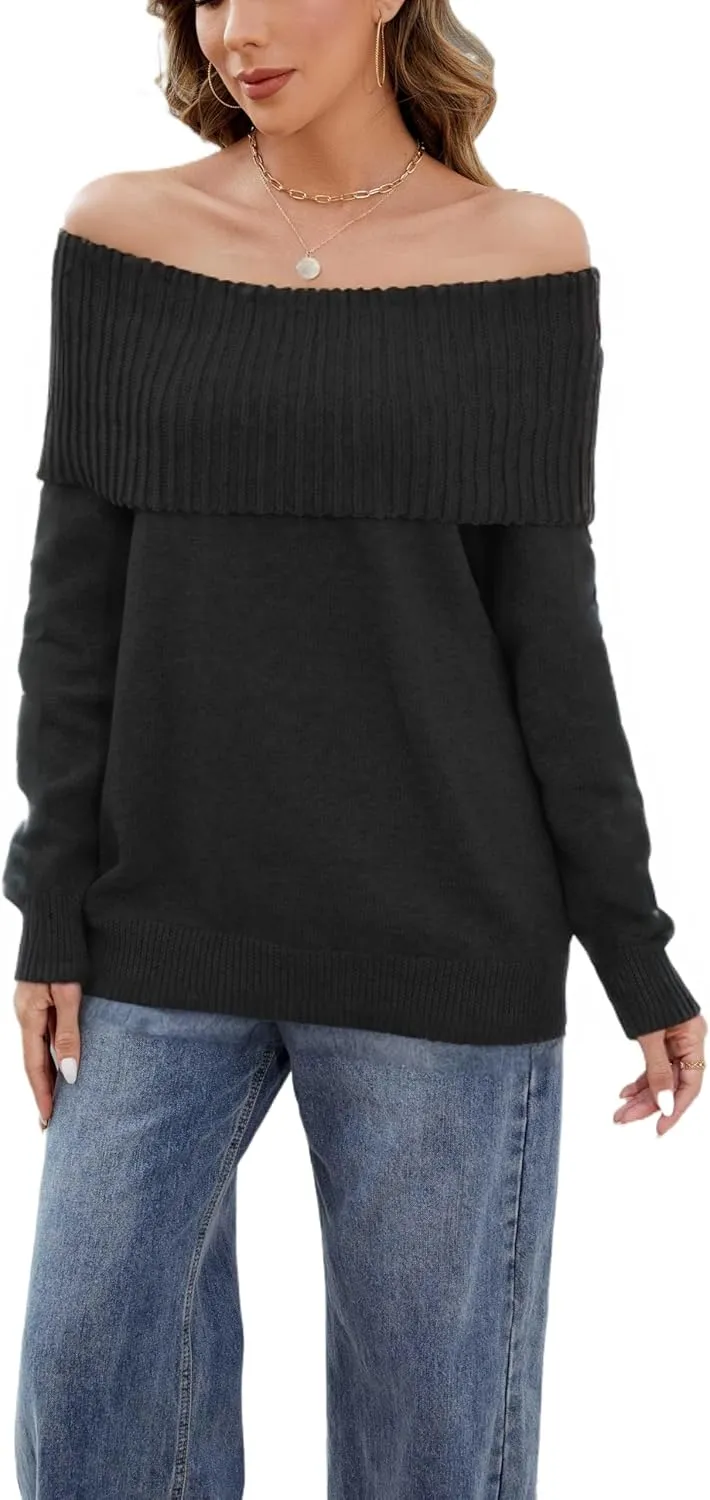 Women's Off-Shoulder Long Sleeve Sweater Cozy Fall & Winter Pullover Casual Knit Top