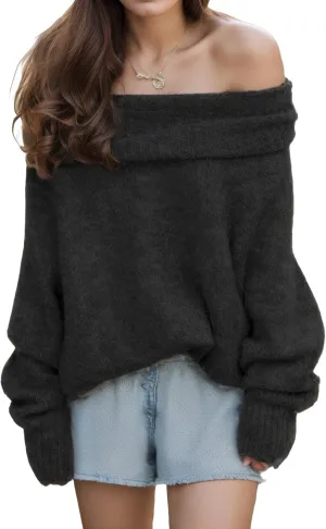 Women's Off-Shoulder Long Sleeve Sweater Cozy Fall & Winter Pullover Casual Knit Top