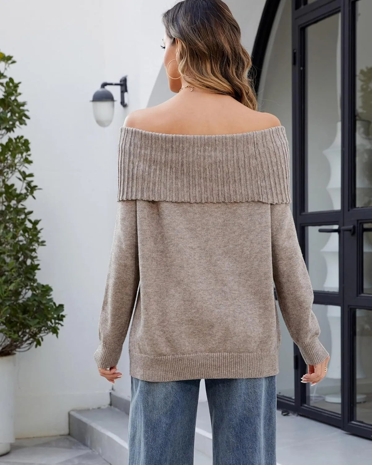 Women's Off-Shoulder Long Sleeve Sweater Cozy Fall & Winter Pullover Casual Knit Top