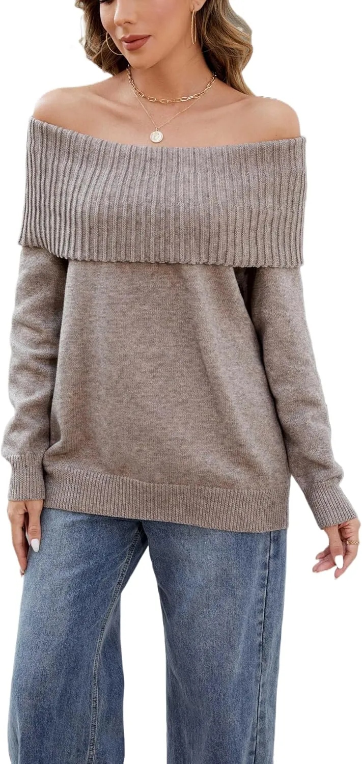 Women's Off-Shoulder Long Sleeve Sweater Cozy Fall & Winter Pullover Casual Knit Top