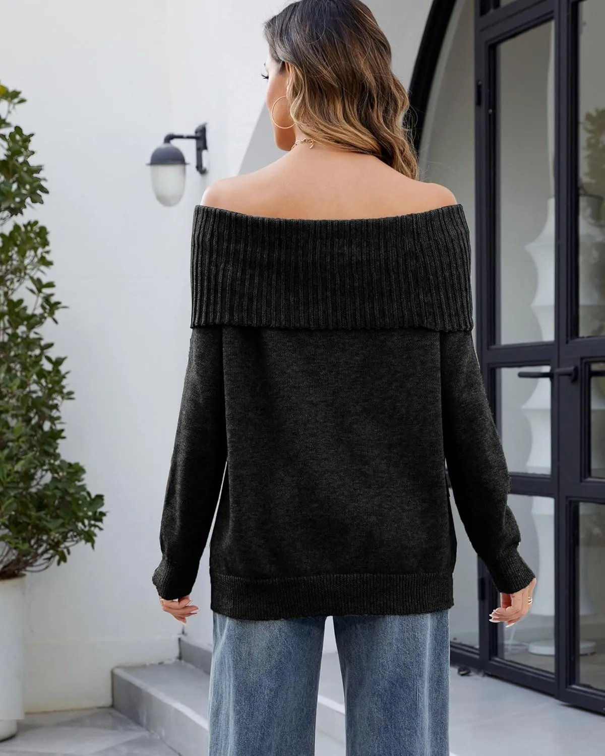 Women's Off-Shoulder Long Sleeve Sweater Cozy Fall & Winter Pullover Casual Knit Top