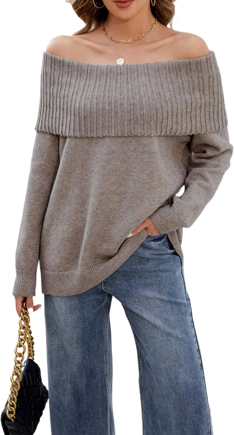 Women's Off-Shoulder Long Sleeve Sweater Cozy Fall & Winter Pullover Casual Knit Top