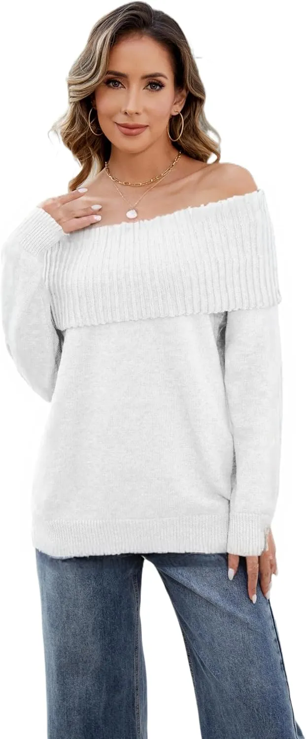 Women's Off-Shoulder Long Sleeve Sweater Cozy Fall & Winter Pullover Casual Knit Top