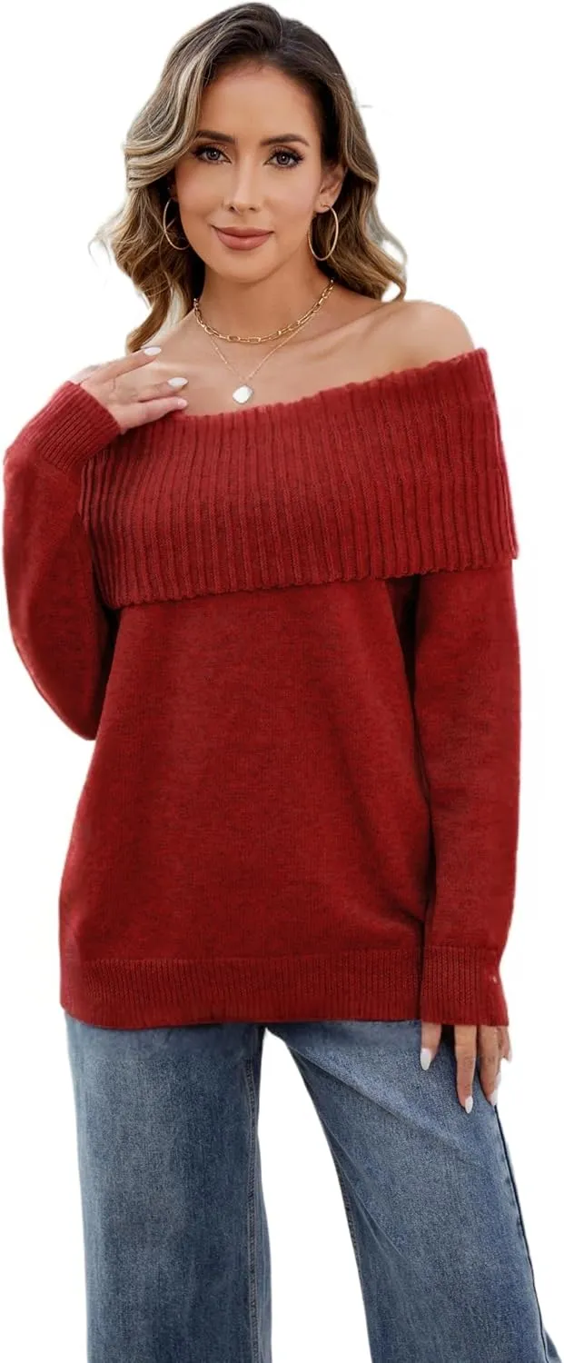 Women's Off-Shoulder Long Sleeve Sweater Cozy Fall & Winter Pullover Casual Knit Top