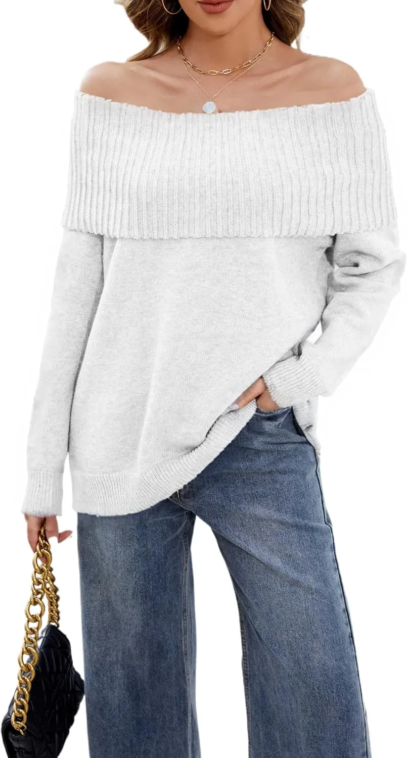 Women's Off-Shoulder Long Sleeve Sweater Cozy Fall & Winter Pullover Casual Knit Top