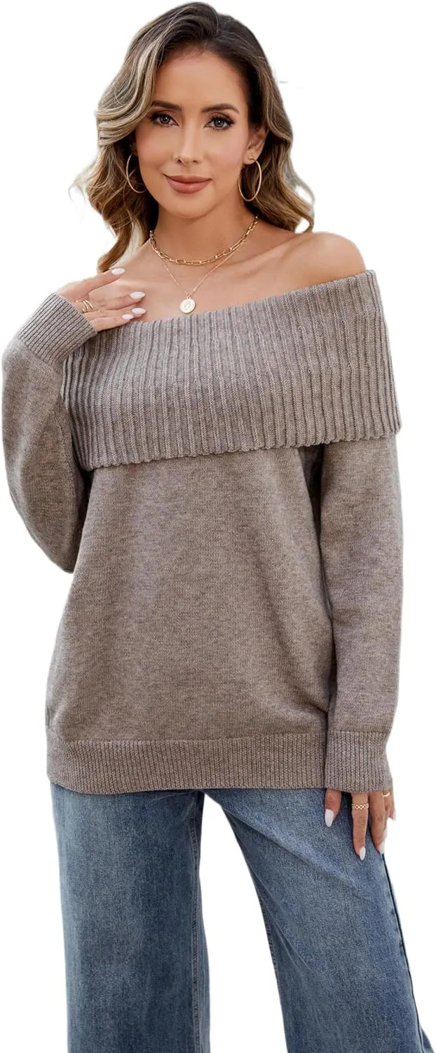 Women's Off-Shoulder Long Sleeve Sweater Cozy Fall & Winter Pullover Casual Knit Top